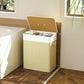 Double laundry hamper with lid, open top holding folded clothes in natural woven basket