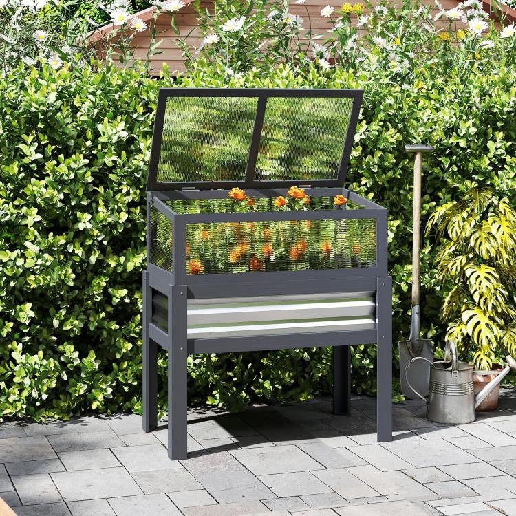 Dark gray raised garden bed with flip-up mini greenhouse and elevated legs