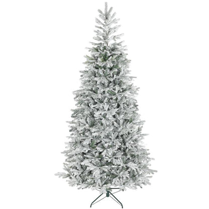 9 ft artificial frosted Christmas tree with full spruce branches and metal stand base