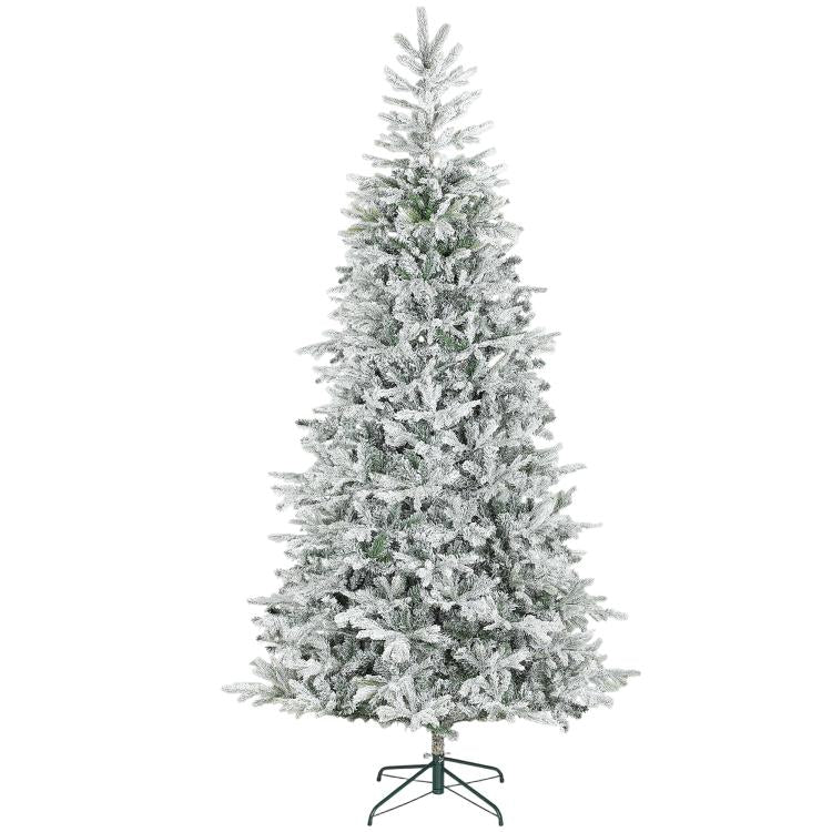 Artificial frosted Christmas tree with wide full spruce profile and green metal tripod stand