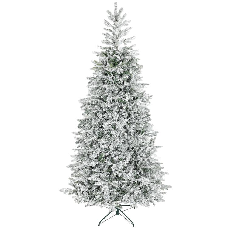 Artificial frosted Christmas tree on metal stand, dense branches