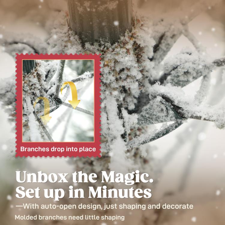 Close-up of frosted artificial Christmas tree branches with layered needle texture