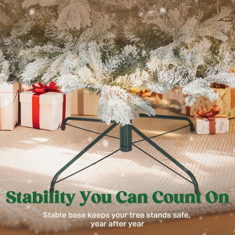 Artificial Christmas tree base with green metal tripod stand and frosted branches