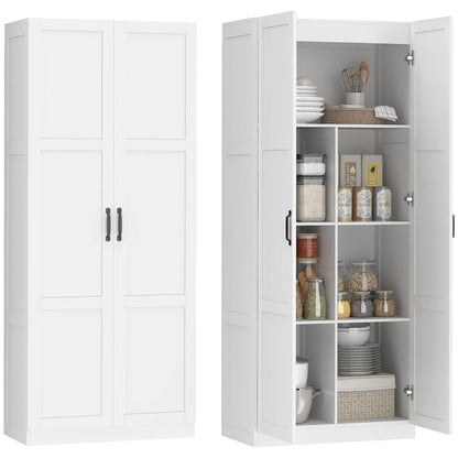 White double-door kitchen pantry cabinet with adjustable shelves and black bar handles