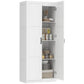 White tall pantry cabinet with doors open, showing jars, plates, and stacked shelves