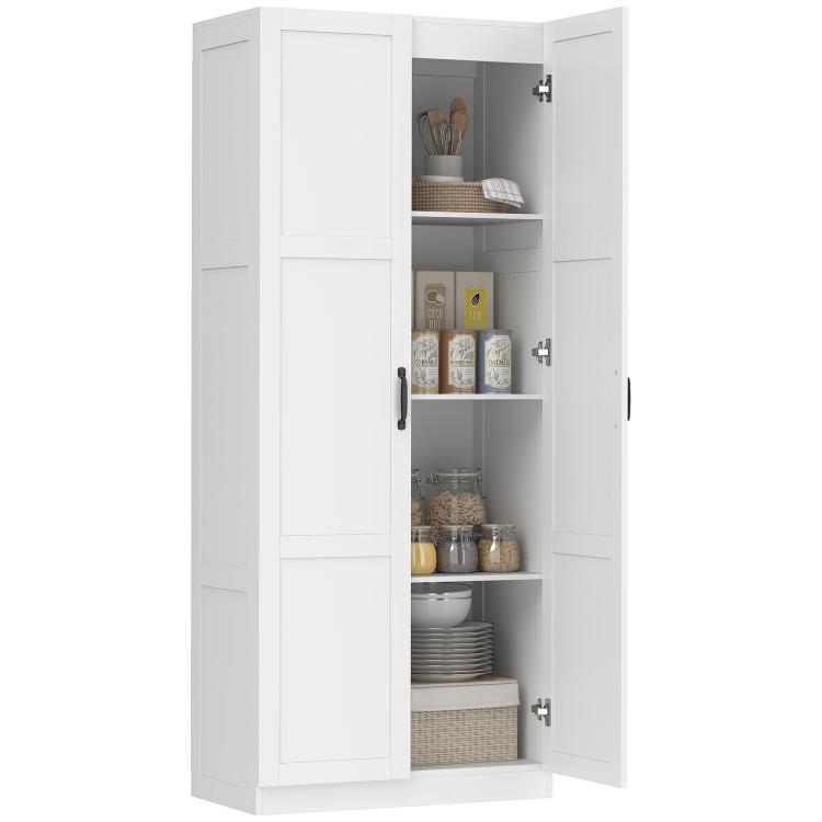 White tall pantry cabinet with doors open, showing jars, plates, and stacked shelves