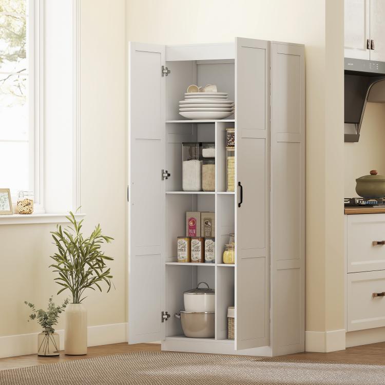 White pantry cabinet with open doors and adjustable interior shelves for storage