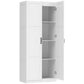White tall pantry cabinet with open doors, adjustable shelves, and metal hinges