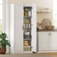 White farmhouse pantry cabinet with open doors and multiple interior storage shelves