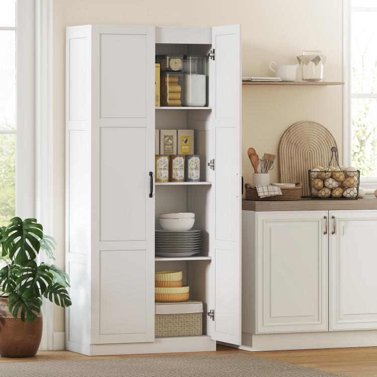 White farmhouse pantry cabinet with open doors and multiple interior storage shelves