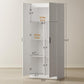 White pantry cabinet side view with shelf layout and door height dimensions