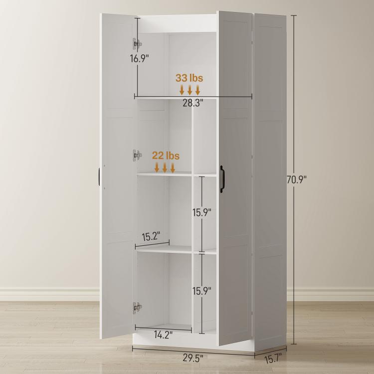 White pantry cabinet side view with shelf layout and door height dimensions