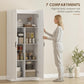 White tall pantry cabinet open, showing organized shelves for kitchen cookware and food