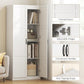 White pantry cabinet hardware detail: framed doors, adjustable hinges, and anti-tipping straps
