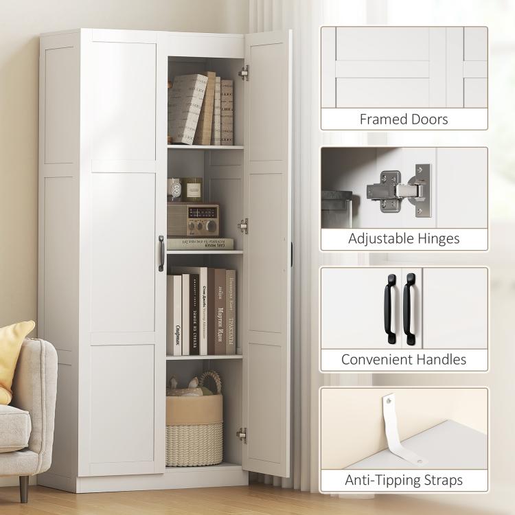 White pantry cabinet hardware detail: framed doors, adjustable hinges, and anti-tipping straps