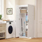White pantry cabinet with door open, showing shelves with baskets and cookware storage