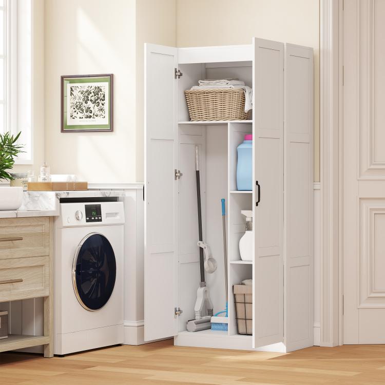 White pantry cabinet with door open, showing shelves with baskets and cookware storage