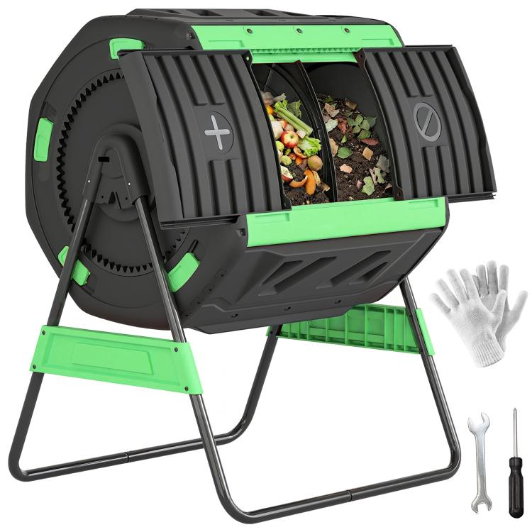 Outdoor dual-chamber tumbling compost bin with green base and open lid