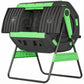 Outdoor dual-chamber tumbling compost bin on black legs, green side panels