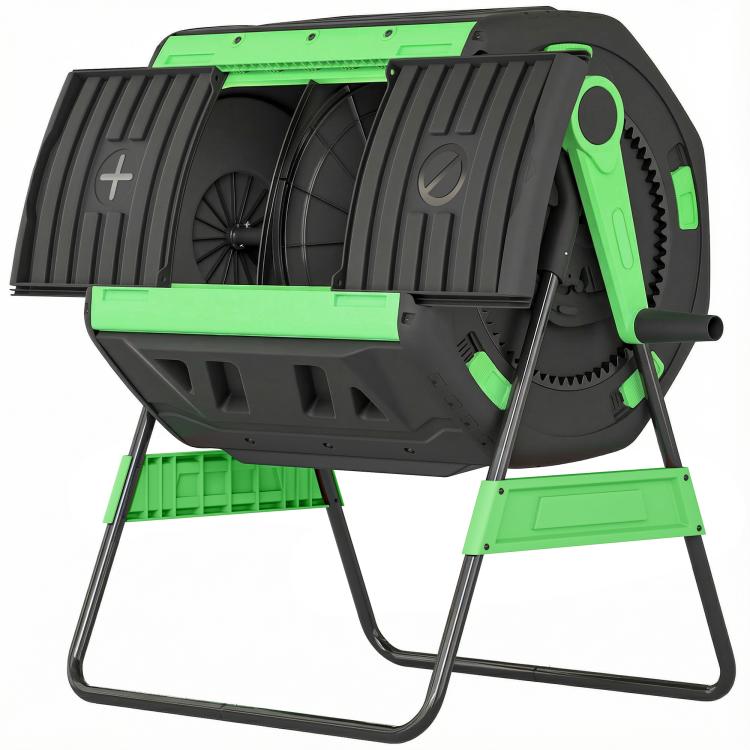 Outdoor dual-chamber tumbling compost bin on black legs, green side panels