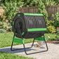 Outdoor green dual-chamber tumbling compost bin on black stand, with vent openings