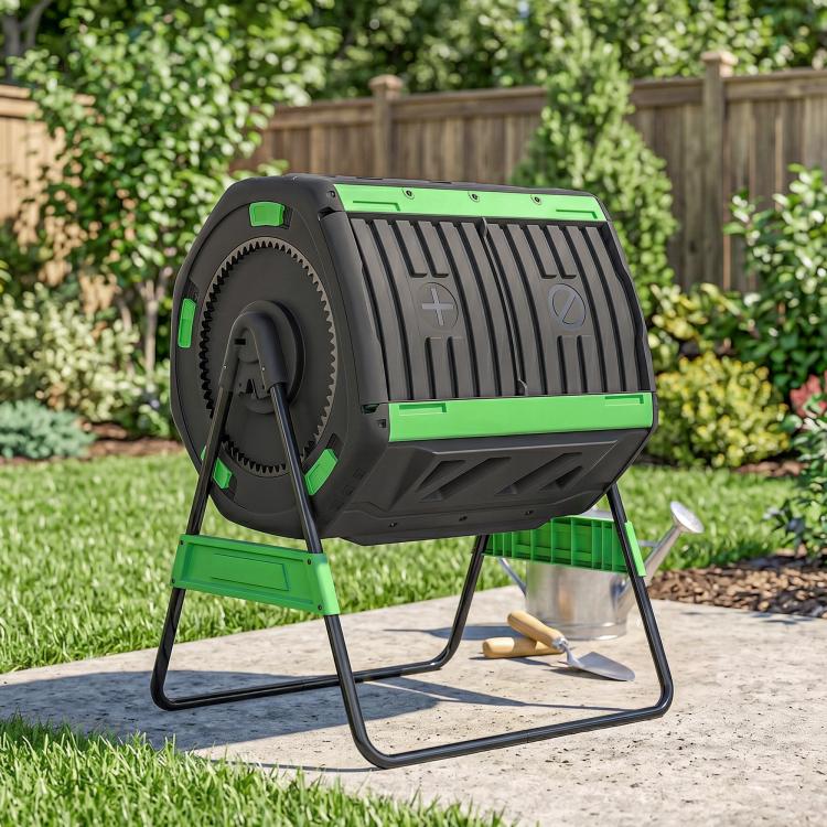 Outdoor green dual-chamber tumbling compost bin on black stand, with vent openings