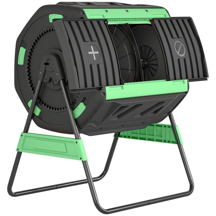 Green and black tumbling compost bin with front side panels and ventilation vents