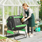 Outdoor dual-chamber tumbling compost bin with contents inside drum on stand