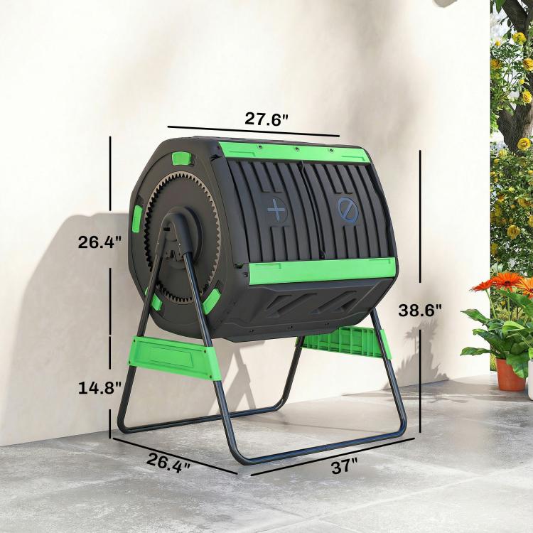 Outdoor dual-chamber tumbling compost bin with height on-frame measurement view