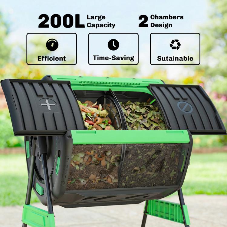 Outdoor dual-chamber tumbling compost bin with dual compartments visible through opening