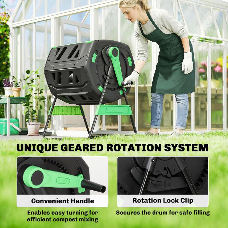 Outdoor dual-chamber tumbling compost bin with geared drum and green handle
