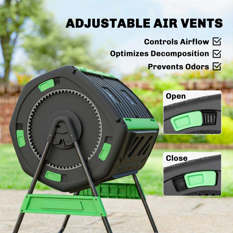 Outdoor compost bin with adjustable air vent controls on black drum