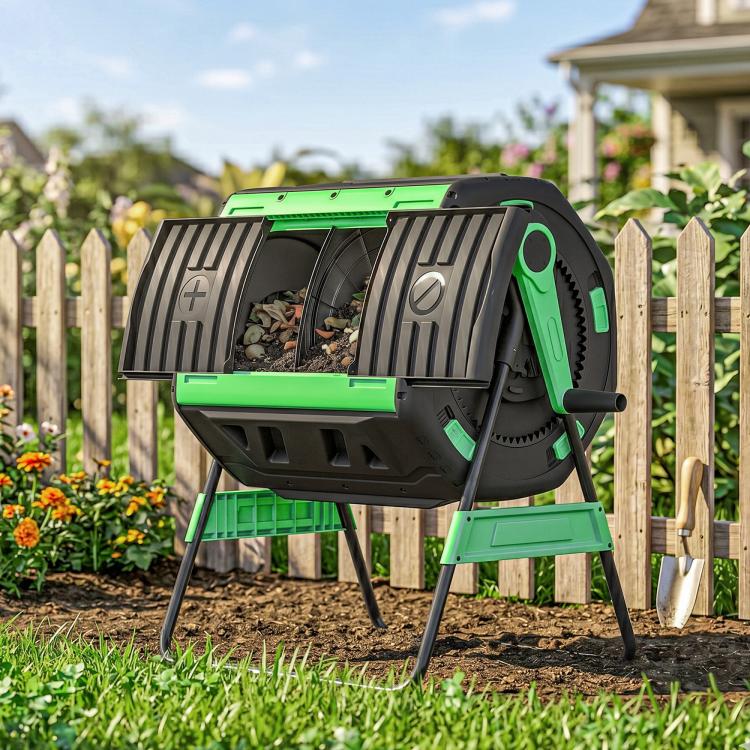 Outdoor dual-chamber tumbling compost bin with green accents on yard