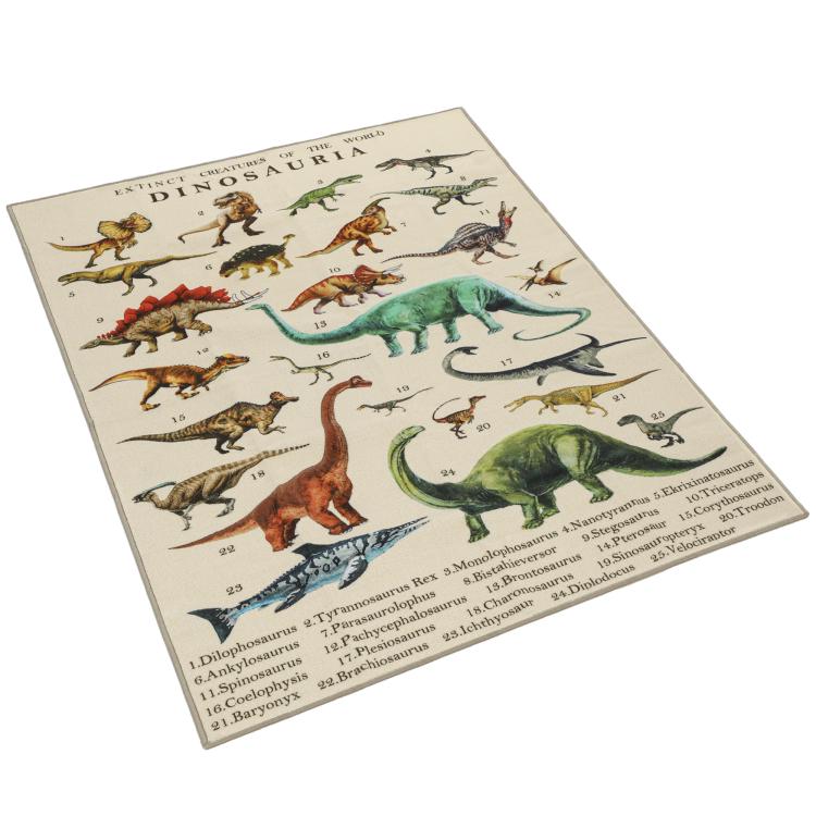 Large khaki dinosaur crawling mat, angled view showing colorful prehistoric figures.