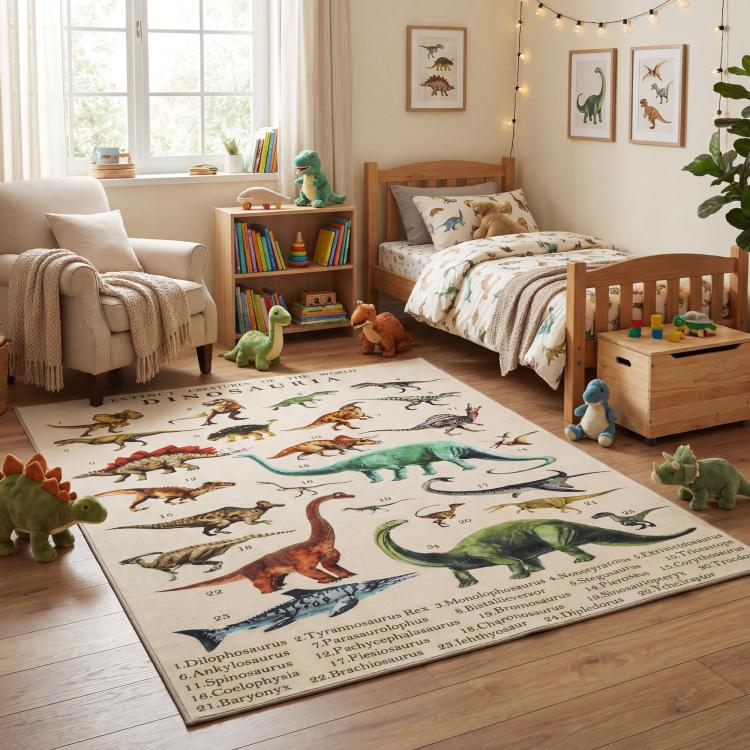 Khaki dinosaur play mat spread across bedroom floor with colorful dinosaur artwork.
