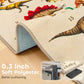 Khaki dinosaur play mat corner rolled up, showing soft edge and gray backing.