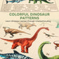 Close-up of khaki dinosaur pattern play mat with colorful dinosaurs and numbers.