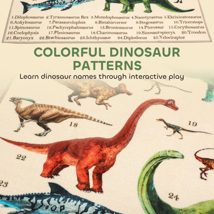 Close-up of khaki dinosaur pattern play mat with colorful dinosaurs and numbers.