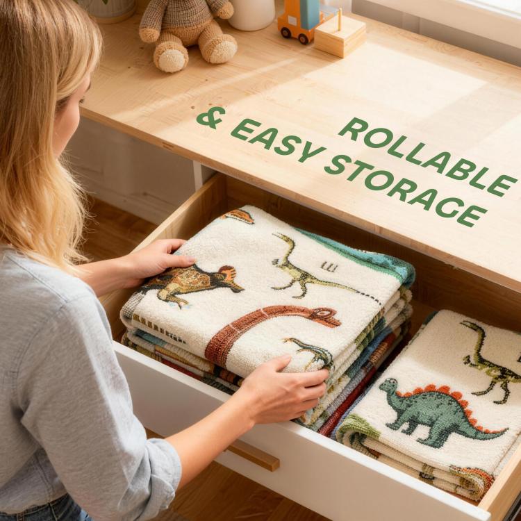 Dinosaur play mat being rolled and stacked for easy storage in a drawer.
