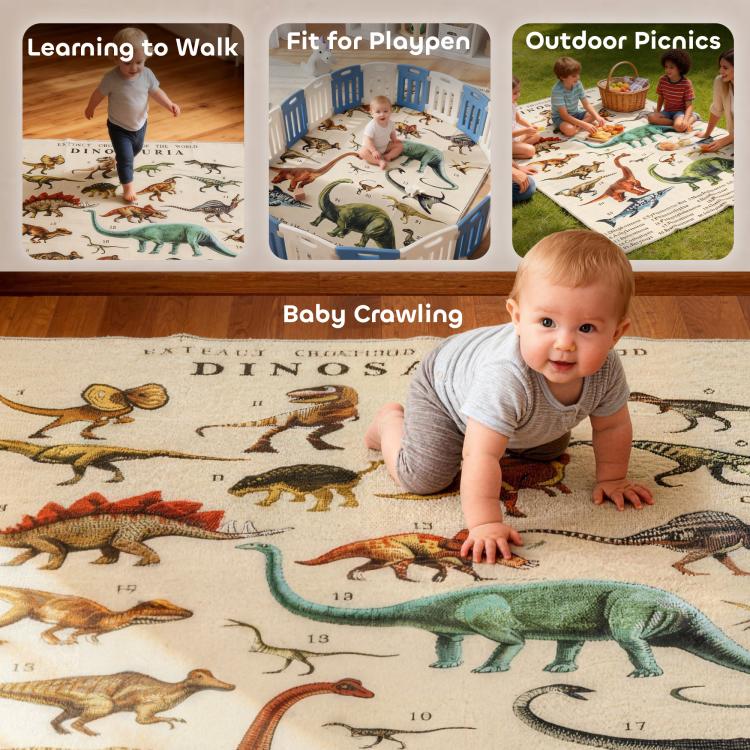 Baby crawling on khaki dinosaur play mat with colorful prehistoric illustrations.