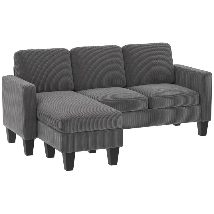 Dark gray sectional sofa with reversible chaise, ribbed upholstery and wooden legs.