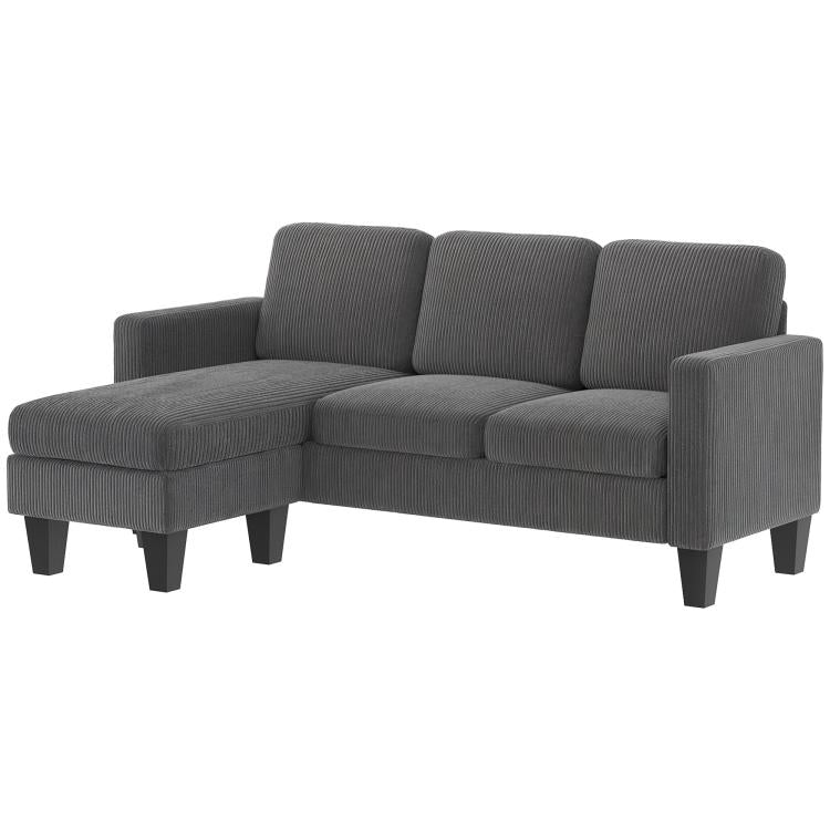 Dark gray L-shaped sofa with chaise extension, padded arms and back cushions.