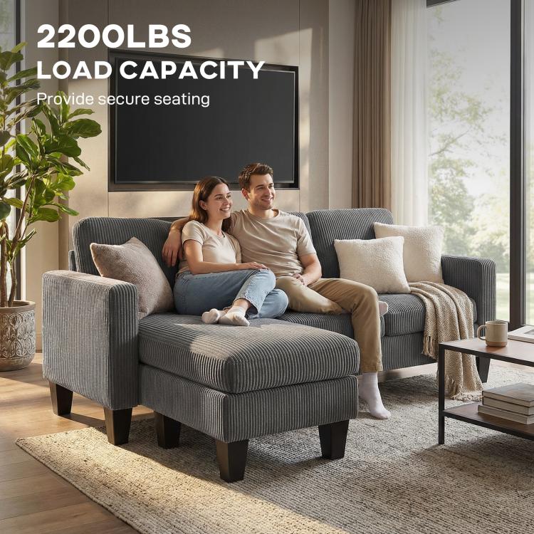 Dark gray sectional sofa with thick cushions, shown with two seated people.