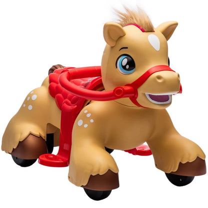 Battery ride-on rocking horse toy, tan with red reins and smiling face, black wheels