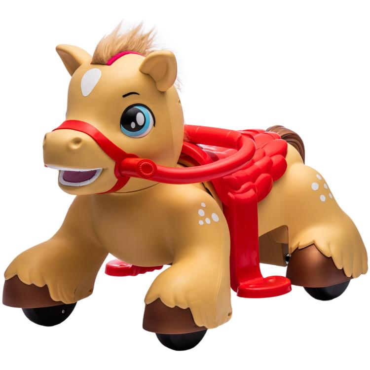 Tan rocking ride-on horse toy with red reins, large blue eyes, smiling mouth