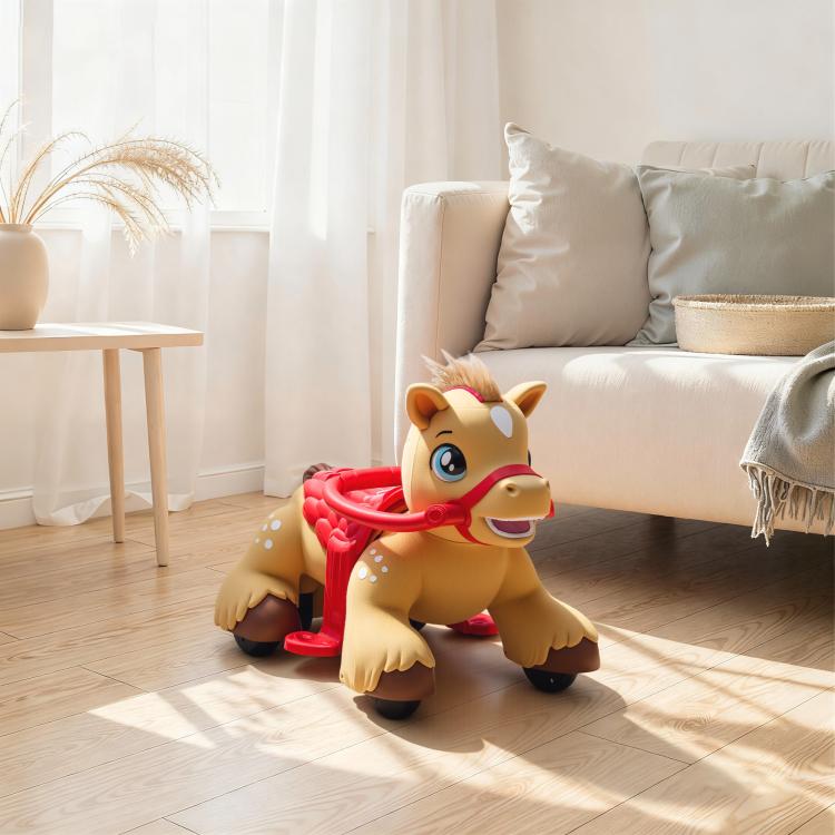 Battery-powered ride-on horse toy with red reins and carrot prop