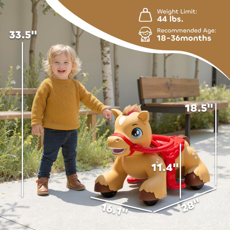 Ride-on horse toy with tan body and red reins, with child standing nearby