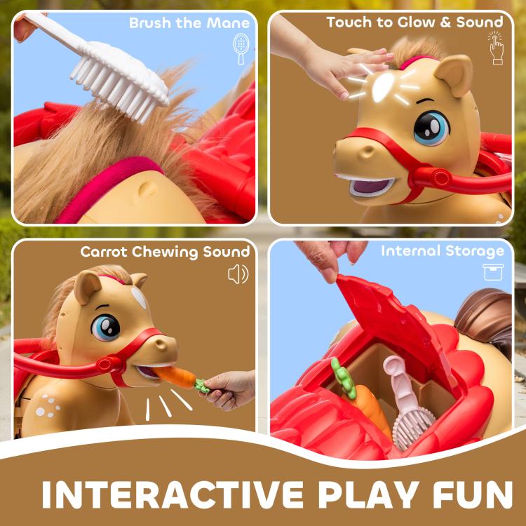 Interactive ride-on horse toy details: brush mane and touch control area on head