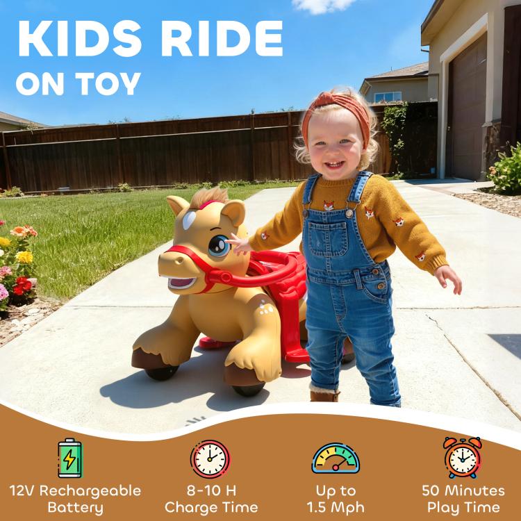Kids ride-on horse toy with tan body and red reins, child walking beside it