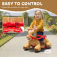 Ride-on horse toy with red reins and forward/backward control button on handle